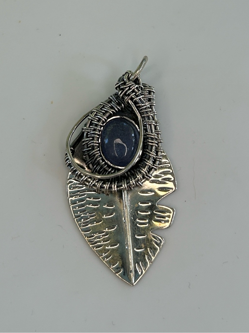 Artisan Sterling Silver Wire Wrapped Tanzanite Leaf Feather Pendant